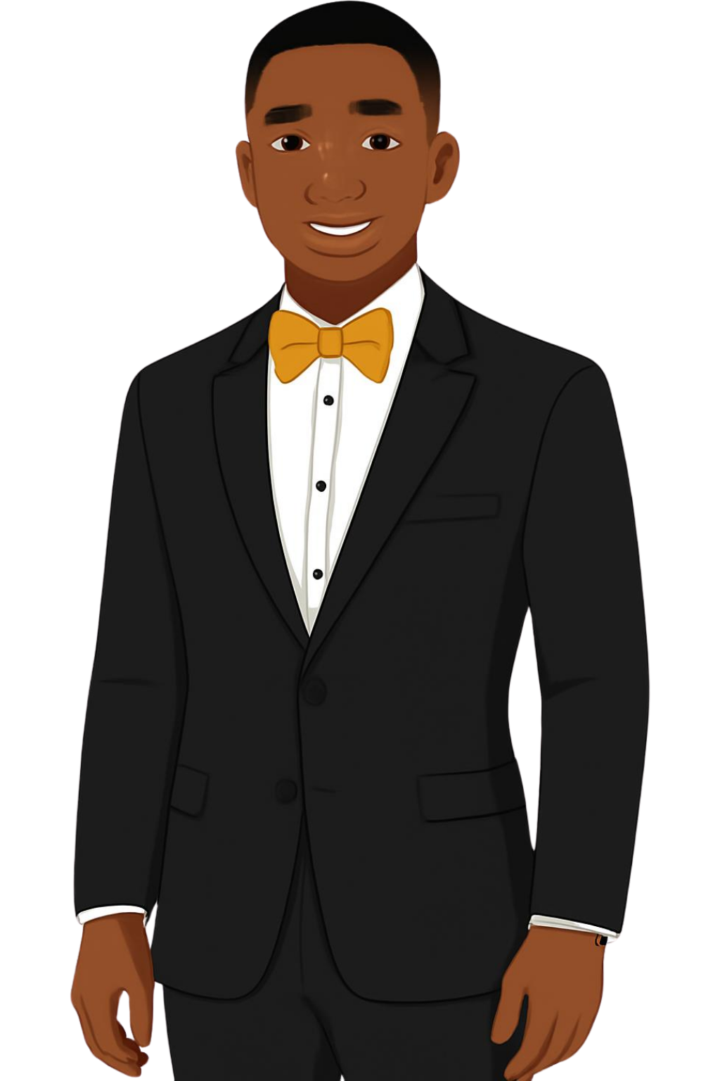Black man in black suit with gold bow tie — dress code illustration