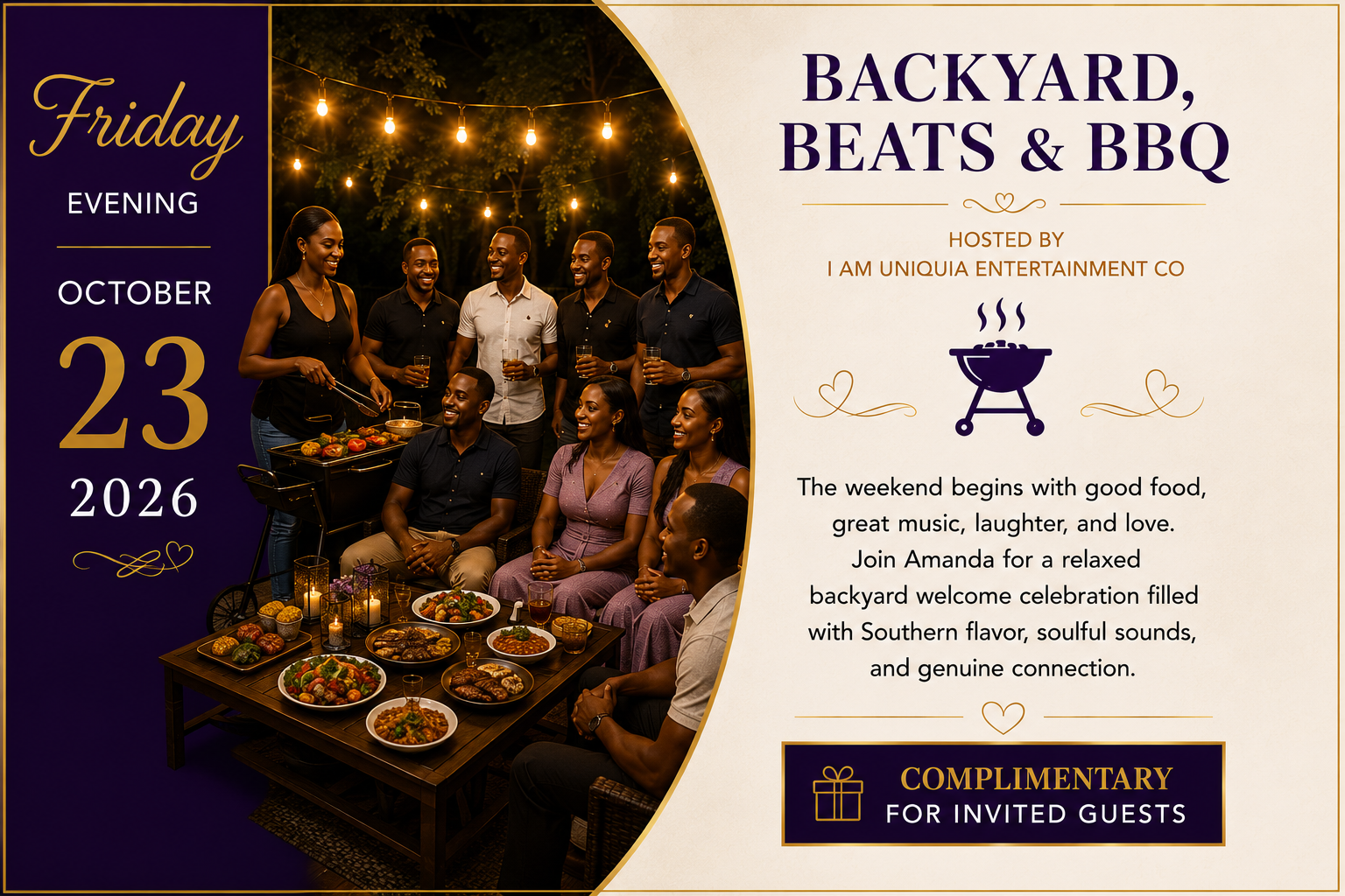 Backyard, Beats & BBQ — Friday Evening, October 23, 2026. Hosted by I Am Uniquia Entertainment Co. Complimentary for invited guests.
